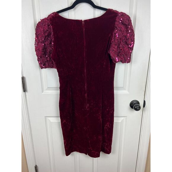 Vintage Red Burgundy Velvet Sequin Puff Sleeve Bodycon Holiday Party Dress Sz 8 - Picture 7 of 7